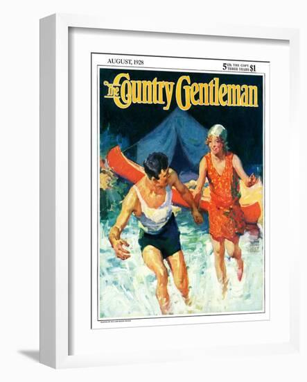 "Camping Couple Goes Swimming," Country Gentleman Cover, August 1, 1928-William Meade Prince-Framed Giclee Print