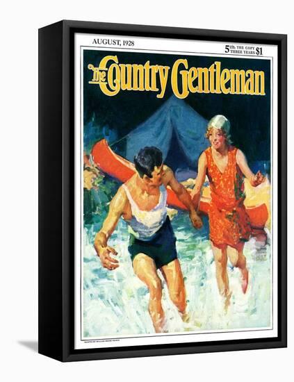 "Camping Couple Goes Swimming," Country Gentleman Cover, August 1, 1928-William Meade Prince-Framed Stretched Canvas