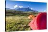 Camping tents in the green meadows with Mont De La Saxe in the background, Courmayeur, Aosta Valley-Roberto Moiola-Stretched Canvas