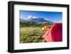 Camping tents in the green meadows with Mont De La Saxe in the background, Courmayeur, Aosta Valley-Roberto Moiola-Framed Photographic Print