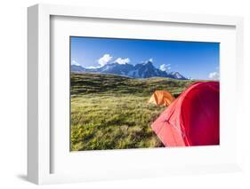 Camping tents in the green meadows with Mont De La Saxe in the background, Courmayeur, Aosta Valley-Roberto Moiola-Framed Photographic Print