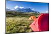 Camping tents in the green meadows with Mont De La Saxe in the background, Courmayeur, Aosta Valley-Roberto Moiola-Mounted Photographic Print