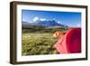 Camping tents in the green meadows with Mont De La Saxe in the background, Courmayeur, Aosta Valley-Roberto Moiola-Framed Photographic Print