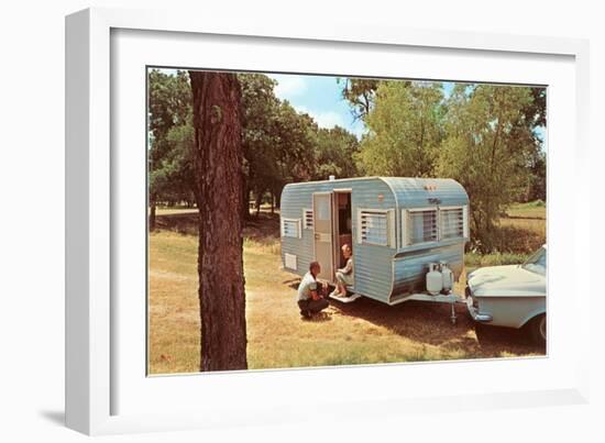 Camping Trailer in Woods-null-Framed Art Print