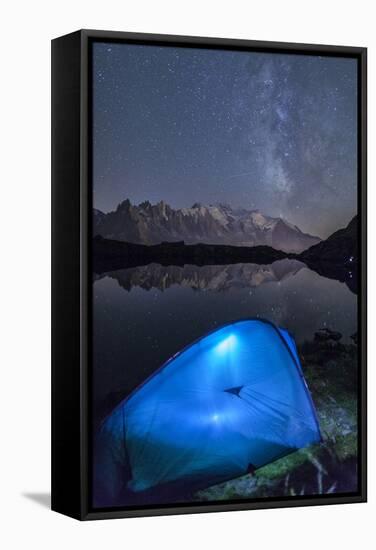 Camping with a Tent under the Milky Way at Lac Des Cheserys-Roberto Moiola-Framed Stretched Canvas