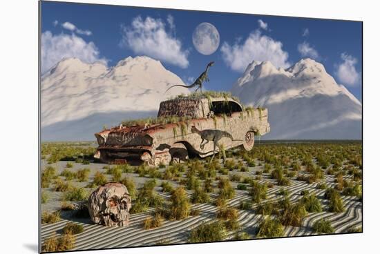 Campsognathus Dinosaurs Explore a Fossilized 1950's American Chevrolet-null-Mounted Art Print