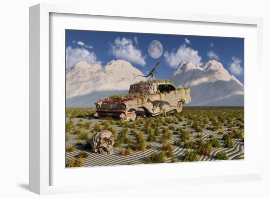 Campsognathus Dinosaurs Explore a Fossilized 1950's American Chevrolet-null-Framed Art Print