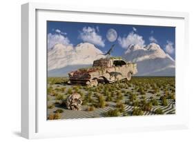 Campsognathus Dinosaurs Explore a Fossilized 1950's American Chevrolet-null-Framed Art Print