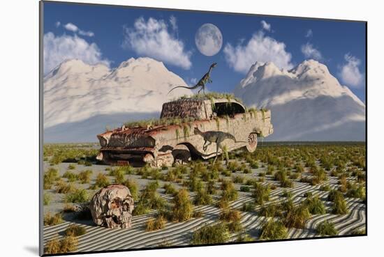 Campsognathus Dinosaurs Explore a Fossilized 1950's American Chevrolet-null-Mounted Art Print