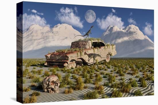 Campsognathus Dinosaurs Explore a Fossilized 1950's American Chevrolet-null-Stretched Canvas
