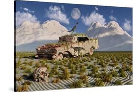 Campsognathus Dinosaurs Explore a Fossilized 1950's American Chevrolet-null-Stretched Canvas