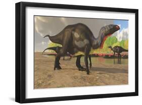 Camptosaurus Dinosaurs Visit a Pond to Eat and Drink-null-Framed Art Print