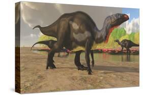 Camptosaurus Dinosaurs Visit a Pond to Eat and Drink-null-Stretched Canvas