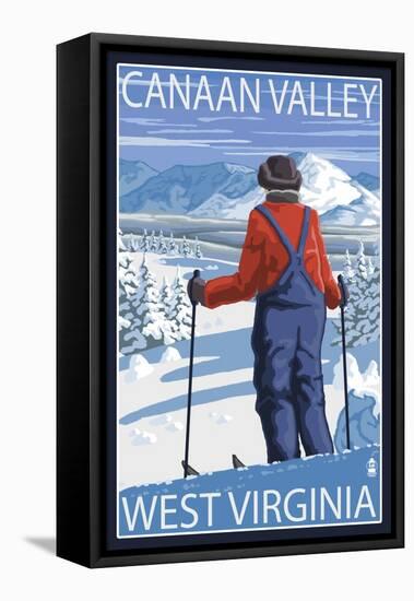 Canaan Valley, West Virginia - Skier Admiring View-Lantern Press-Framed Stretched Canvas