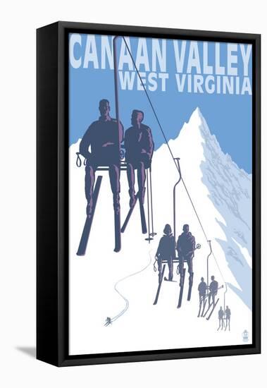 Canaan Valley, West Virginia - Skiers on Lift-Lantern Press-Framed Stretched Canvas