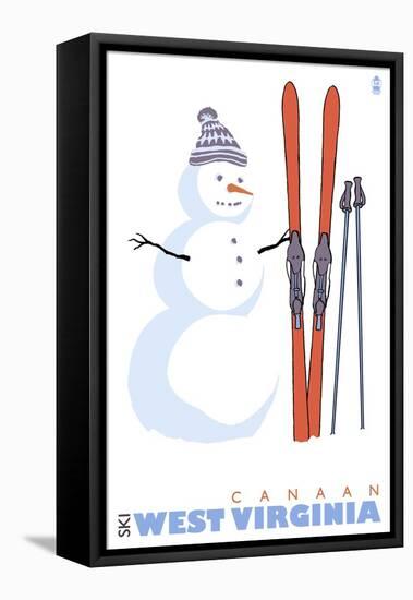 Canaan, West Virginia, Snowman with Skis-Lantern Press-Framed Stretched Canvas