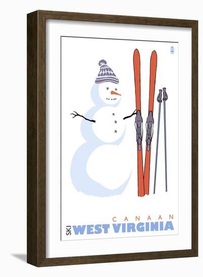 Canaan, West Virginia, Snowman with Skis-Lantern Press-Framed Art Print