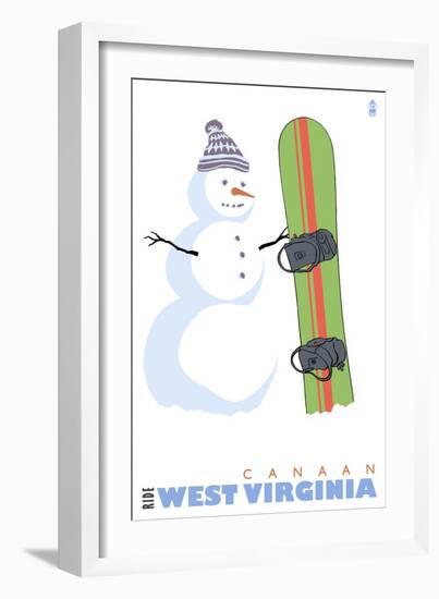 Canaan, West Virginia, Snowman with Snowboard-Lantern Press-Framed Art Print