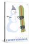 Canaan, West Virginia, Snowman with Snowboard-Lantern Press-Stretched Canvas