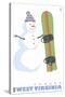 Canaan, West Virginia, Snowman with Snowboard-Lantern Press-Stretched Canvas