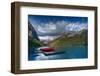 Canada, Alberta, Banff National Park. Canoes on Lake Louise dock at sunrise.-Jaynes Gallery-Framed Photographic Print