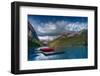 Canada, Alberta, Banff National Park. Canoes on Lake Louise dock at sunrise.-Jaynes Gallery-Framed Photographic Print