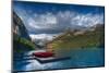 Canada, Alberta, Banff National Park. Canoes on Lake Louise dock at sunrise.-Jaynes Gallery-Mounted Photographic Print