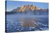 Canada, Alberta, Banff National Park. Castle Mountain reflection in Bow River at sunrise.-Jaynes Gallery-Stretched Canvas