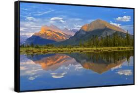 Canada, Alberta, Banff National Park. Mt. Rundle and Sulphur Mountain reflection in Vermillion Lake-Jaynes Gallery-Framed Stretched Canvas