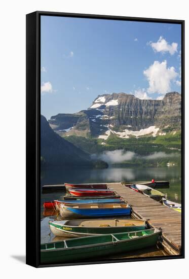 Canada, Alberta, Cameron Lake and Mount Custer with Dock and Canoes-Jamie & Judy Wild-Framed Stretched Canvas