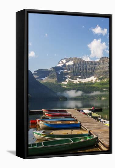 Canada, Alberta, Cameron Lake and Mount Custer with Dock and Canoes-Jamie & Judy Wild-Framed Stretched Canvas