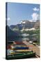 Canada, Alberta, Cameron Lake and Mount Custer with Dock and Canoes-Jamie & Judy Wild-Stretched Canvas