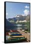 Canada, Alberta, Cameron Lake and Mount Custer with Dock and Canoes-Jamie & Judy Wild-Framed Stretched Canvas