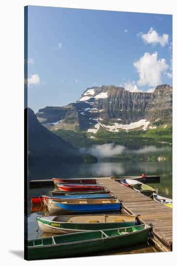 Canada, Alberta, Cameron Lake and Mount Custer with Dock and Canoes-Jamie & Judy Wild-Stretched Canvas