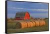 Canada, Alberta, Grande Prairie. Red Barn and Hay Bales at Sunset-Jaynes Gallery-Framed Stretched Canvas