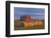 Canada, Alberta, Grande Prairie. Red Barn and Hay Bales at Sunset-Jaynes Gallery-Framed Photographic Print