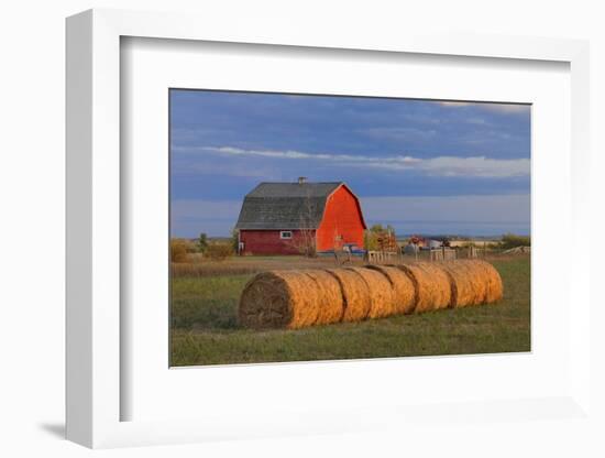 Canada, Alberta, Grande Prairie. Red Barn and Hay Bales at Sunset-Jaynes Gallery-Framed Photographic Print