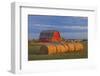 Canada, Alberta, Grande Prairie. Red Barn and Hay Bales at Sunset-Jaynes Gallery-Framed Photographic Print