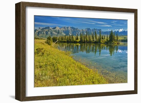 Canada, Alberta, Jasper National Park. Mountains and trees reflection in Talbot Lake.-Jaynes Gallery-Framed Photographic Print