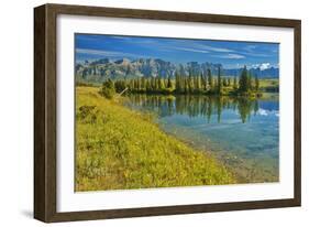 Canada, Alberta, Jasper National Park. Mountains and trees reflection in Talbot Lake.-Jaynes Gallery-Framed Photographic Print