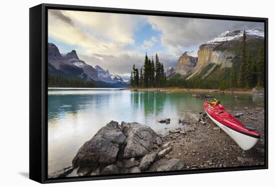 Canada, Alberta. Sea Kayak at Spirit Island, Maligne Lake, Jasper-Gary Luhm-Framed Stretched Canvas