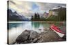 Canada, Alberta. Sea Kayak at Spirit Island, Maligne Lake, Jasper-Gary Luhm-Stretched Canvas