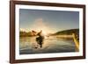 Canada, British Columbia. A kayaker paddles in morning mist on a Canadian lake.-Gary Luhm-Framed Photographic Print