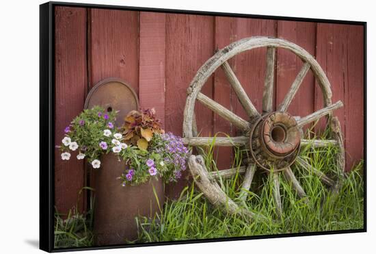 Canada, British Columbia, Cache Creek. Vintage wagon wheel.-Jaynes Gallery-Framed Stretched Canvas