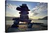 Canada, British Columbia, Russell Island. Rock Inukshuk in front of Salt Spring Island.-Kevin Oke-Stretched Canvas