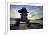 Canada, British Columbia, Russell Island. Rock Inukshuk in front of Salt Spring Island.-Kevin Oke-Framed Premium Photographic Print