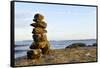 Canada, British Columbia, Russell Island. Rock Inukshuk in front of Salt Spring Island.-Kevin Oke-Framed Stretched Canvas