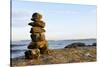 Canada, British Columbia, Russell Island. Rock Inukshuk in front of Salt Spring Island.-Kevin Oke-Stretched Canvas