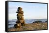 Canada, British Columbia, Russell Island. Rock Inukshuk in front of Salt Spring Island.-Kevin Oke-Framed Stretched Canvas