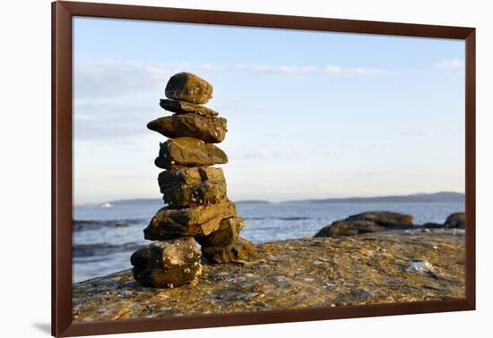 Canada, British Columbia, Russell Island. Rock Inukshuk in front of Salt Spring Island.-Kevin Oke-Framed Photographic Print